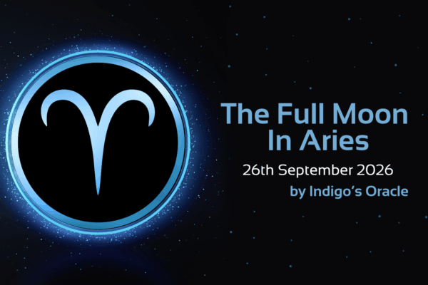 'the full moon in aries, 26th september 2026, by indigo's oracle' text with image of aries star sign symbol